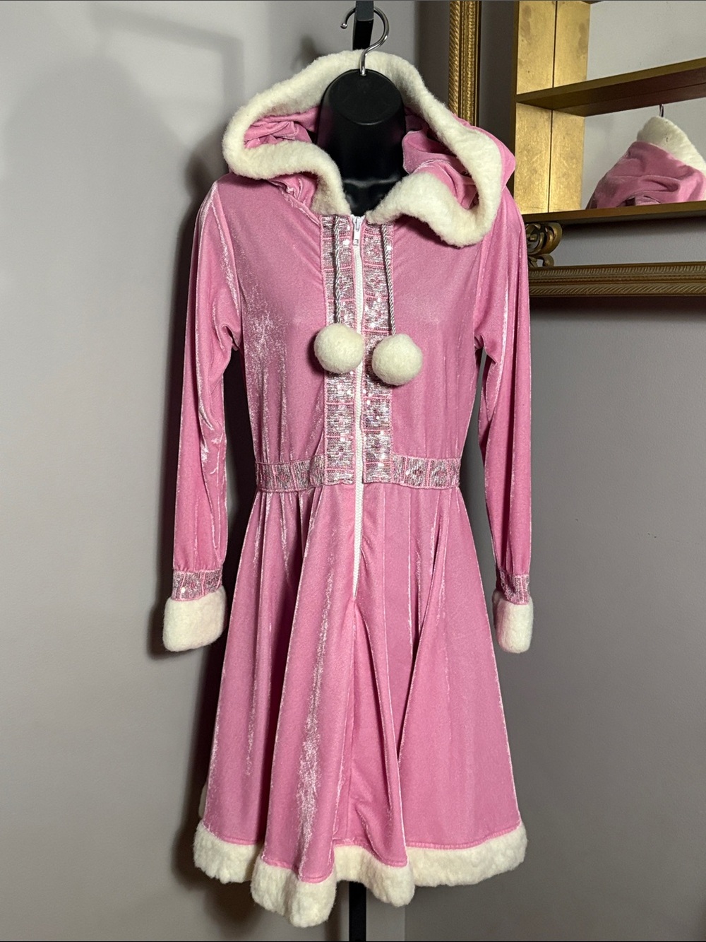 Wishcraft Size 16 Youth Pink Hooded Velvet Robe Dress with Faux Fur Trim